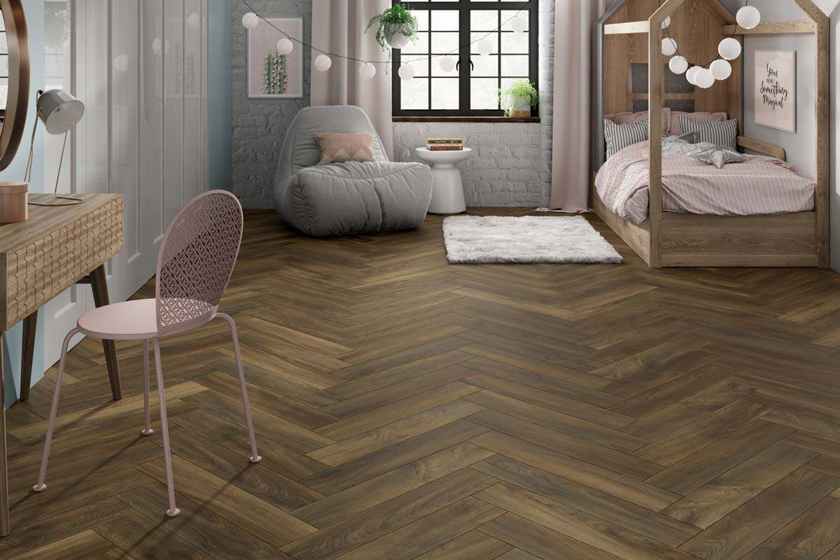 Spectra Luxury Acoustic Rigid Core Click Vinyl Flooring Cocoa Oak Herringbone Built-In Underlay