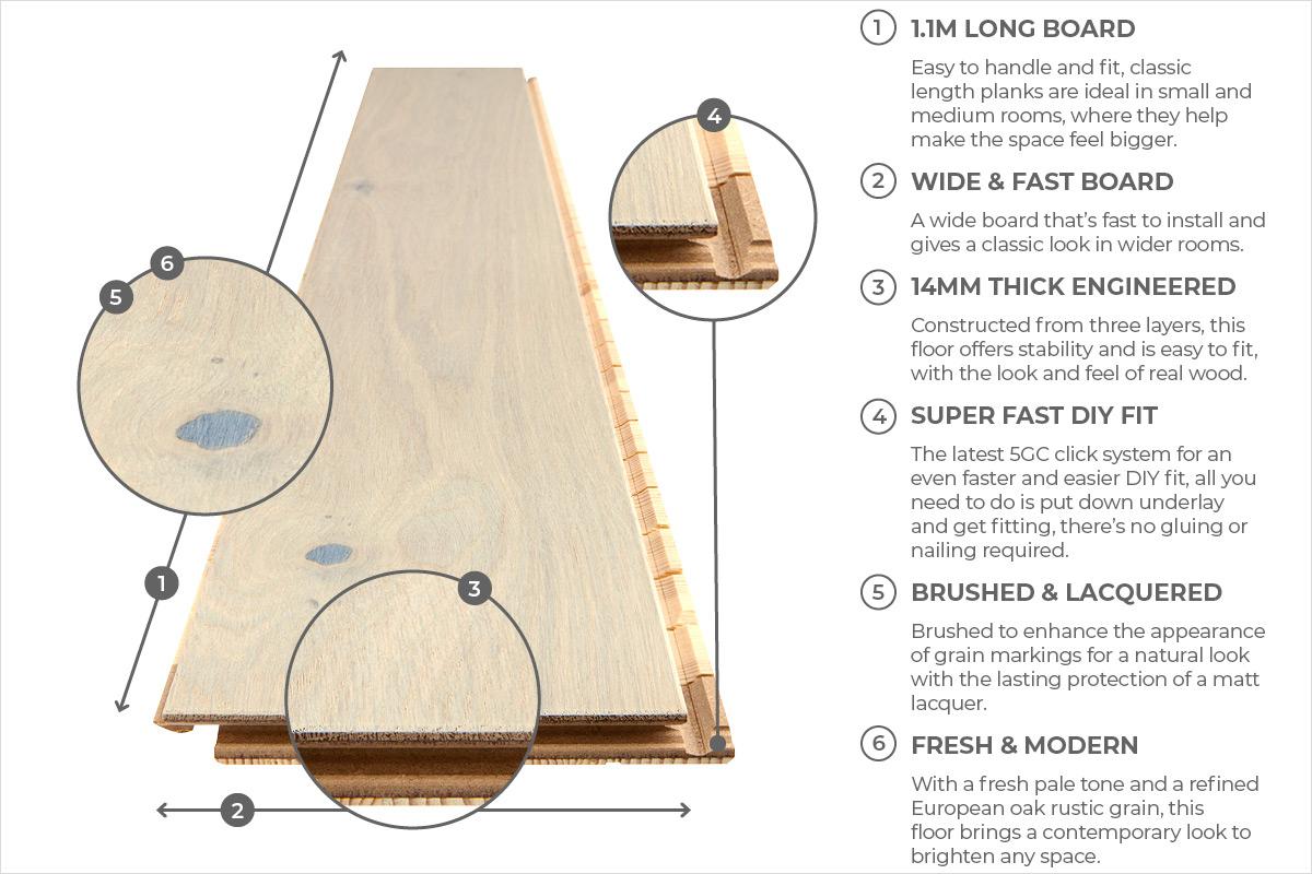 Home Choice Engineered European Rustic Oak Flooring 14mm x 180mm Cappuccino Grande Lacquered