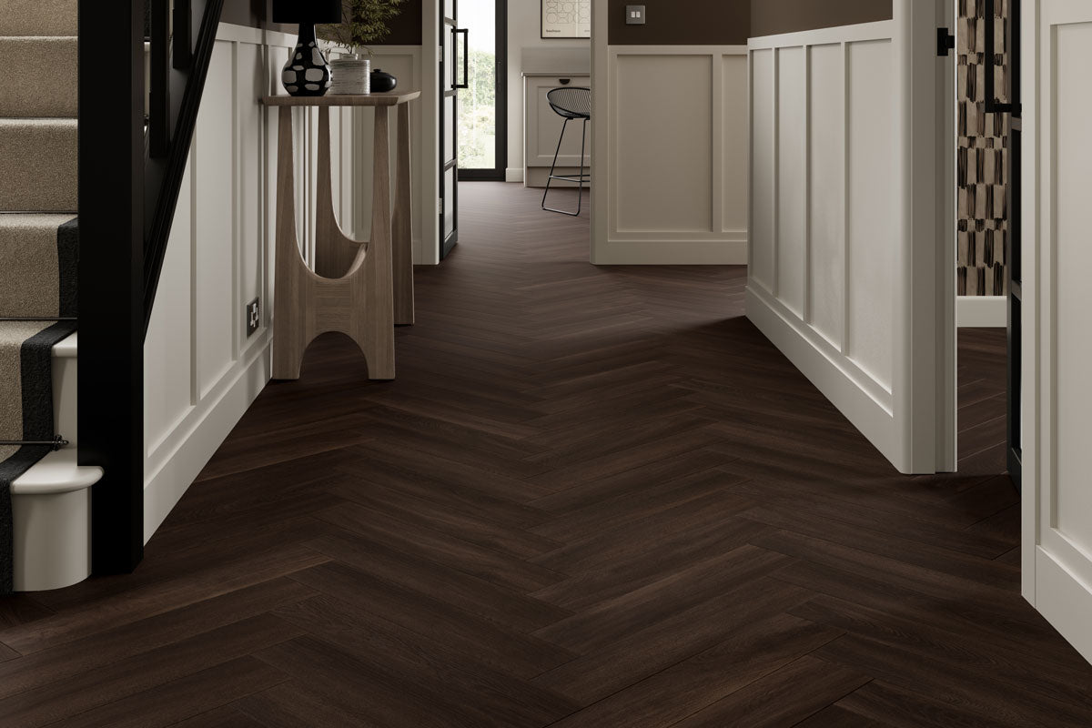 Spectra Luxury Acoustic Rigid Core Click Vinyl Flooring Dark Chocolate Oak Herringbone Built-In Underlay