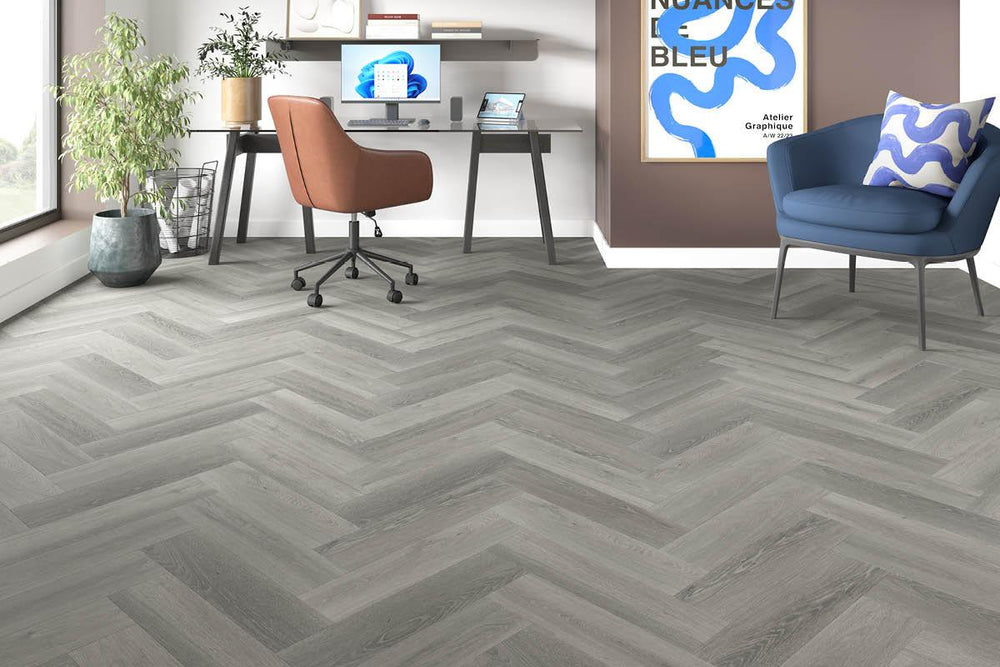 Spectra Luxury Rigid Core Click Vinyl Pewter Grey Herringbone Built-in Underlay