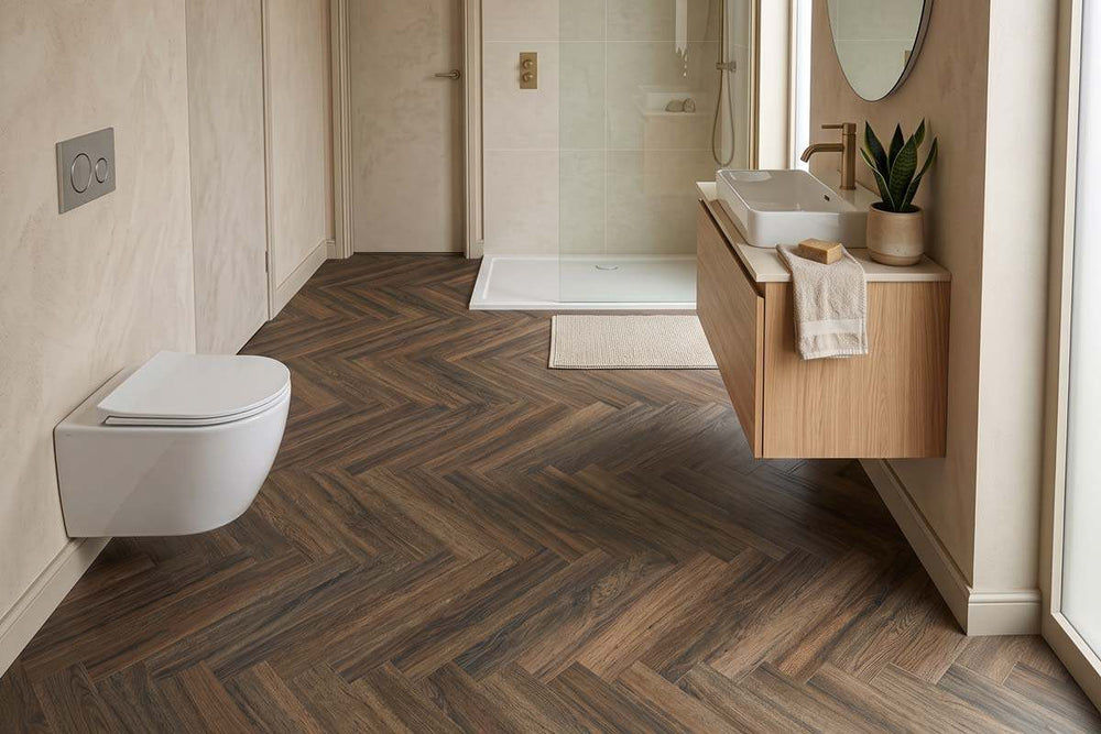 Spectra Luxury Acoustic Rigid Core Click Vinyl Flooring Cocoa Oak Herringbone Built-In Underlay
