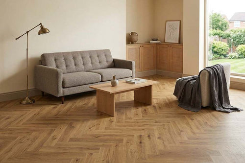 Spectra Luxury Acoustic Rigid Core Click Vinyl Flooring Roasted Peanut Oak Herringbone Built-In Underlay