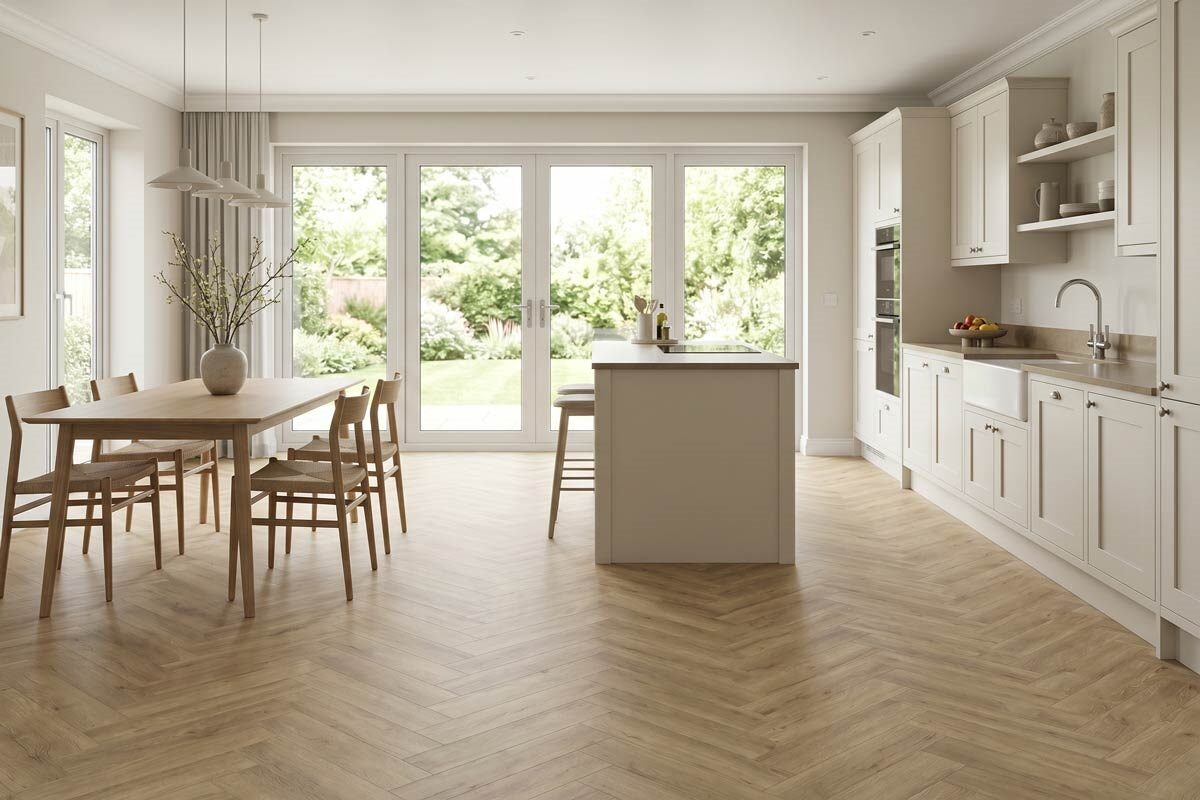 Spectra Luxury Acoustic Rigid Core Click Vinyl Flooring Latte Oak Herringbone Built-In Underlay