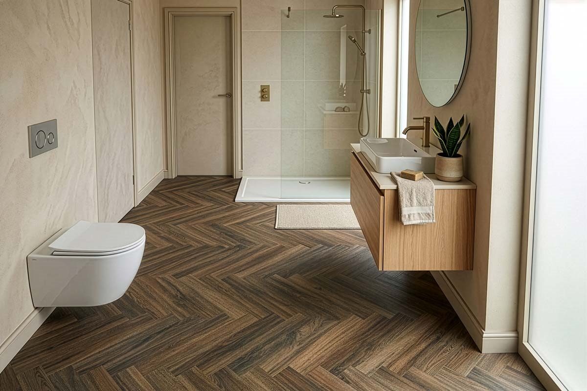 Spectra Luxury Acoustic Rigid Core Click Vinyl Flooring Cocoa Oak Herringbone Built-In Underlay