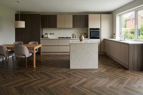 Spectra Luxury Acoustic Rigid Core Click Vinyl Flooring Cocoa Oak Herringbone Built-In Underlay