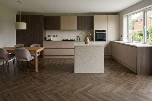 Spectra Luxury Acoustic Rigid Core Click Vinyl Flooring Cocoa Oak Herringbone Built-In Underlay