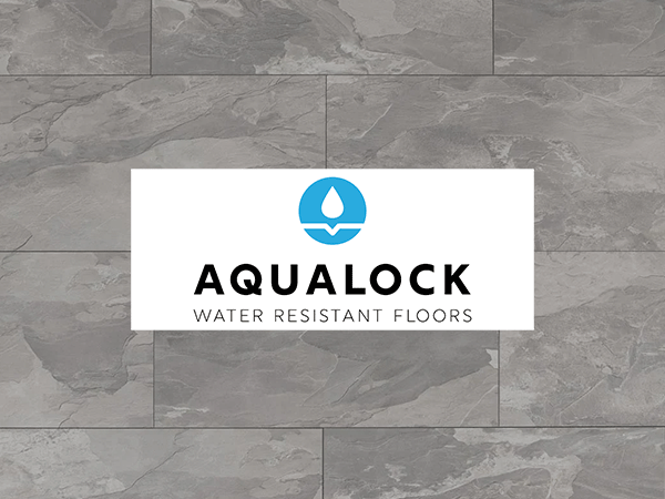 Aqualock logo on a grey water-resistant laminate  floor background