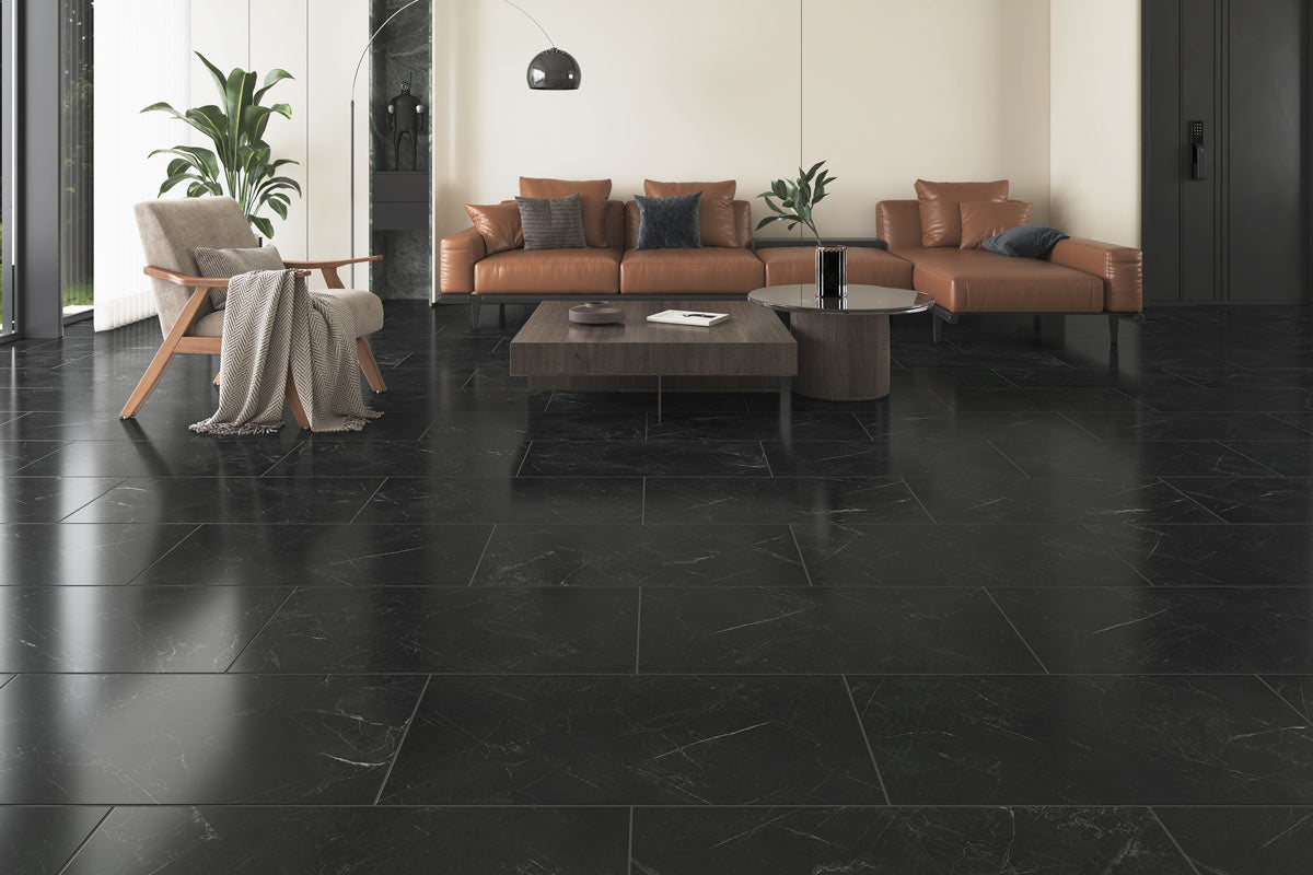 Audacity Rigid Core Pre-Grout Click Vinyl Flooring Black Marble Tile