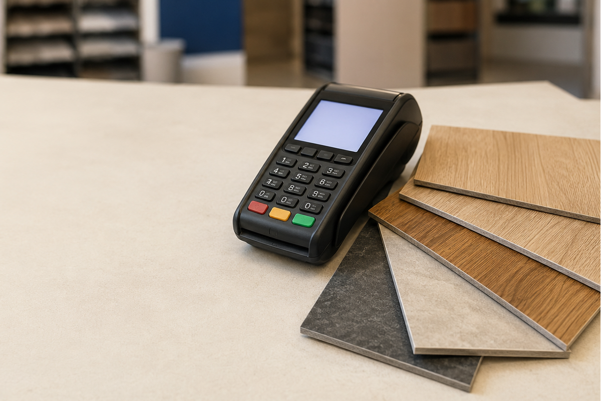 A black POS terminal with a keypad and colored payment buttons sits on a light beige countertop next to several wood and stone material samples. The background shows a softly blurred showroom interior.