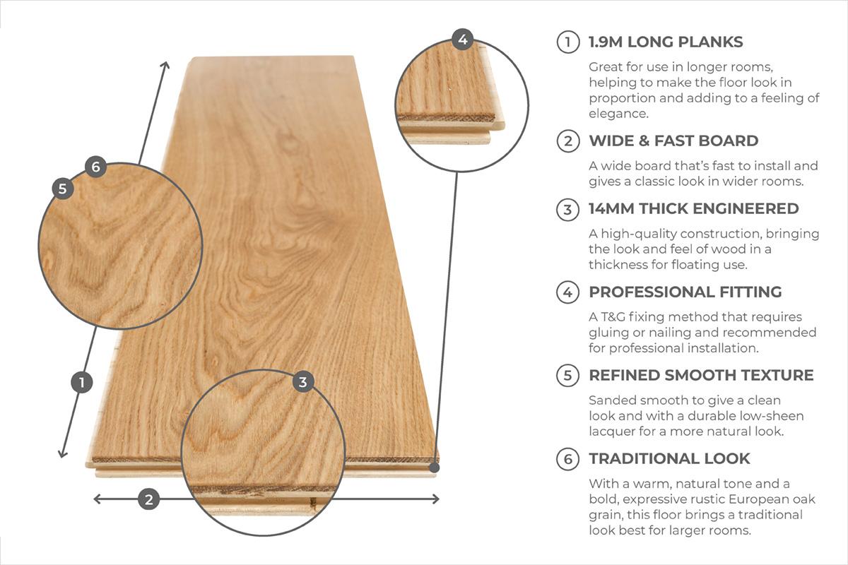 Galleria Professional Engineered European Rustic Oak Flooring 14mm x 190mm Natural Lacquered