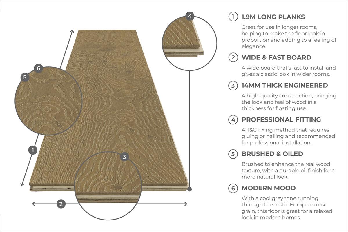Galleria Professional Engineered European Rustic Oak Flooring 14mm x 190mm Stoney Grey Oiled
