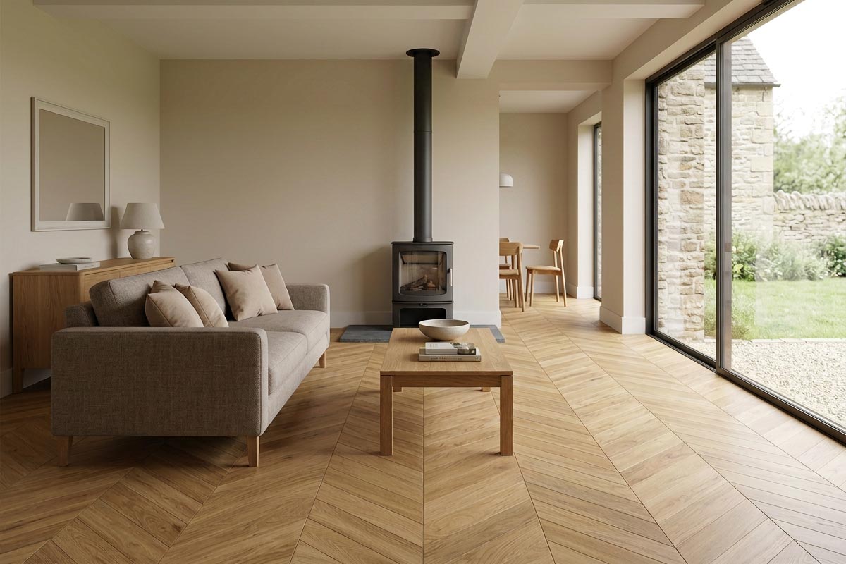 Galleria Professional Engineered Select Oak Chevron 14mm x 110mm Natural Brushed UV Oiled