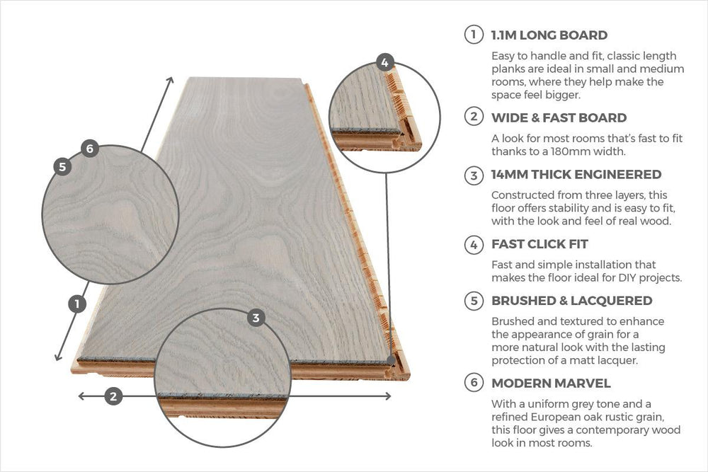 Home Choice Engineered European Rustic Oak Flooring 14mm x 180mm Paloma Grey Lacquered