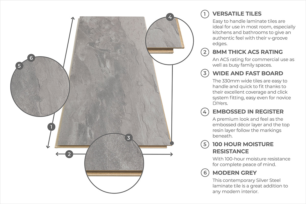 Aqualock 8mm Laminate Tile Silver Steel LAM-TL-8-724