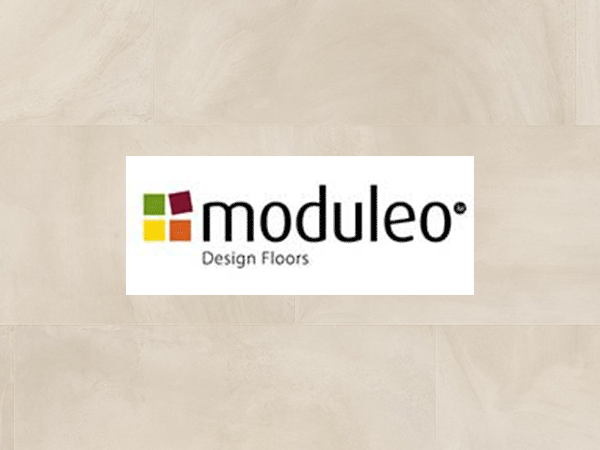 Moduleo logo on a beige luxury vinyl floor background