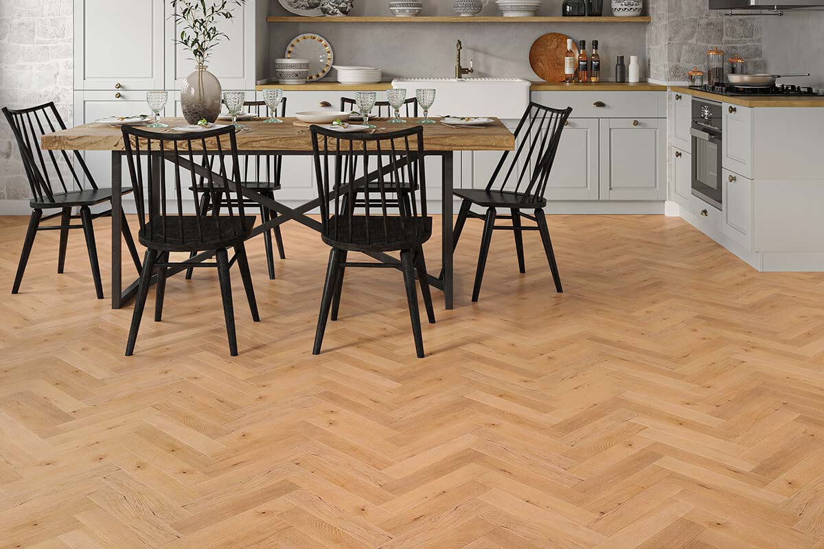 Galleria Professional Solid European Rustic Oak Herringbone Flooring 18mm x 70mm Natural UV Lacquered