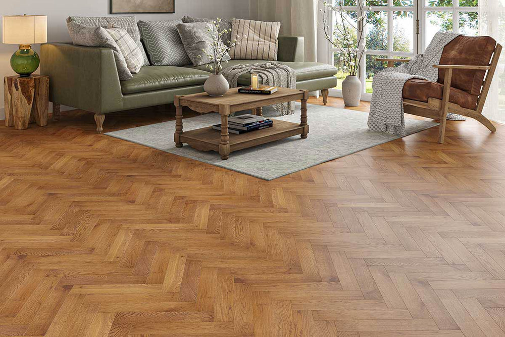 Galleria Professional Solid European Rustic Oak Herringbone Flooring 18mm x 70mm Smoked UV Oiled