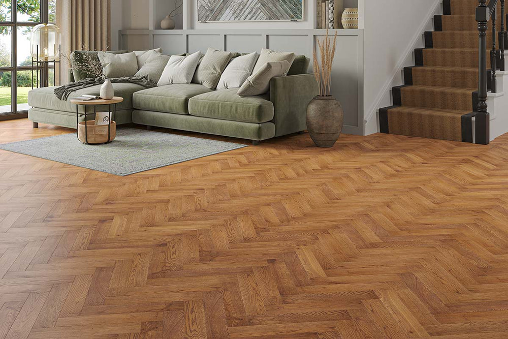 Galleria Professional Solid European Rustic Oak Herringbone Flooring 18mm x 70mm Smoked UV Oiled