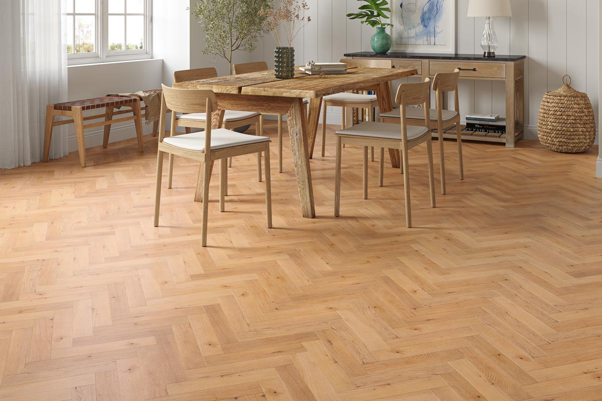 Galleria Professional Solid European Rustic Oak Herringbone Flooring 18mm x 70mm Natural UV Lacquered