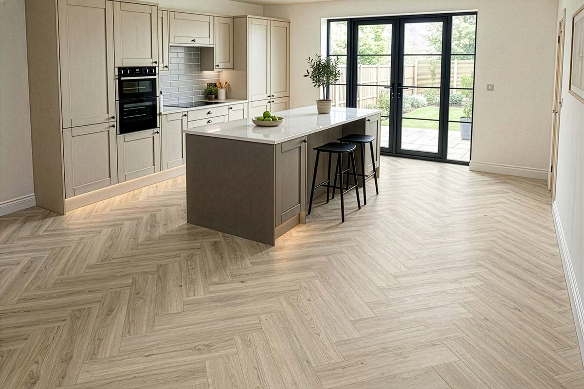 Spectra Luxury Acoustic Rigid Core Click Vinyl Flooring Almond Oak Herringbone Built-In Underlay