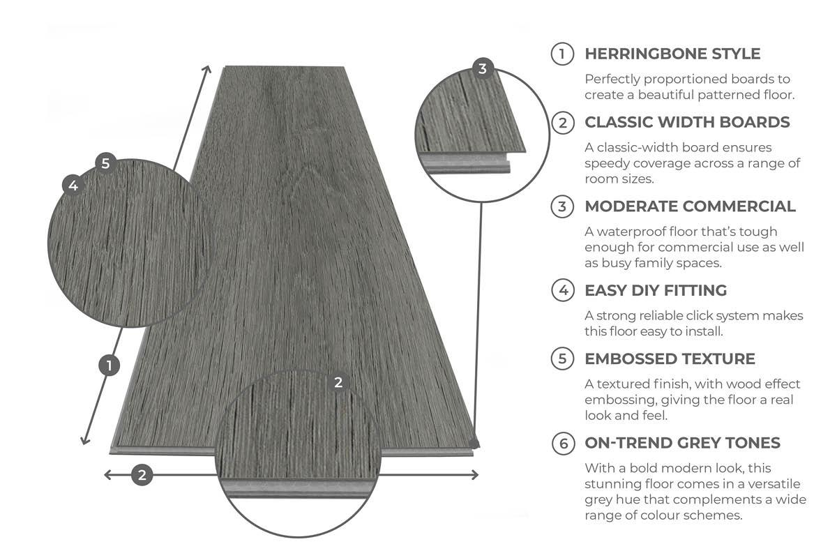 Spectra Luxury Rigid Core Click Vinyl Pewter Grey Herringbone Built-in Underlay