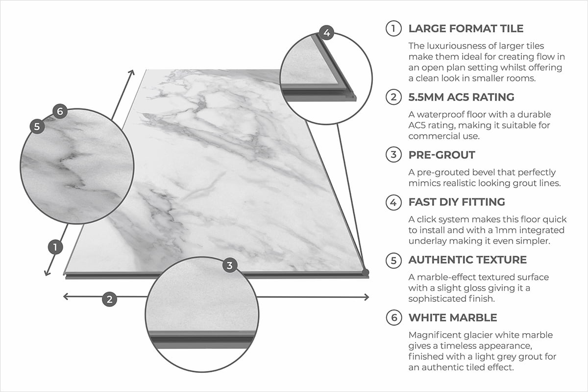 Audacity Rigid Core Pre-Grout Click Vinyl White Marble Tile Built-in Underlay