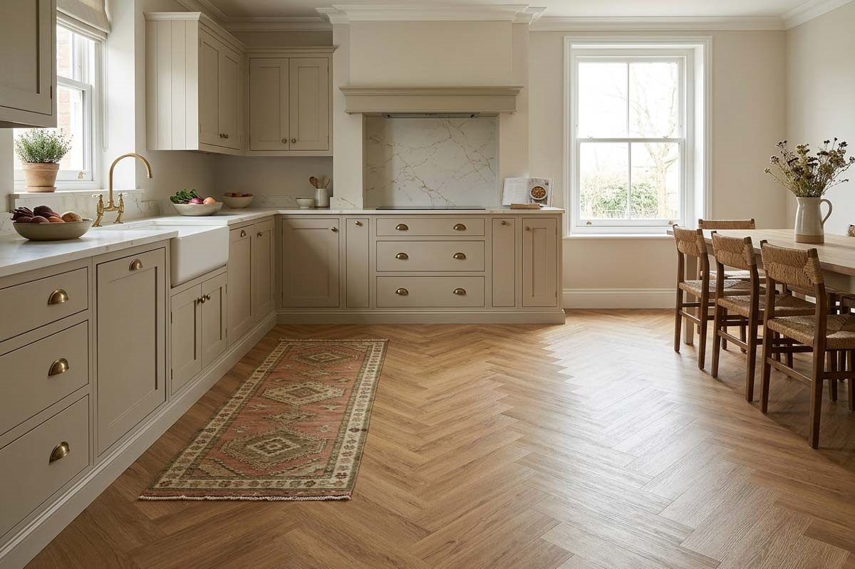 Spectra Luxury Acoustic Rigid Core Click Vinyl Flooring Roasted Peanut Oak Herringbone Built-In Underlay