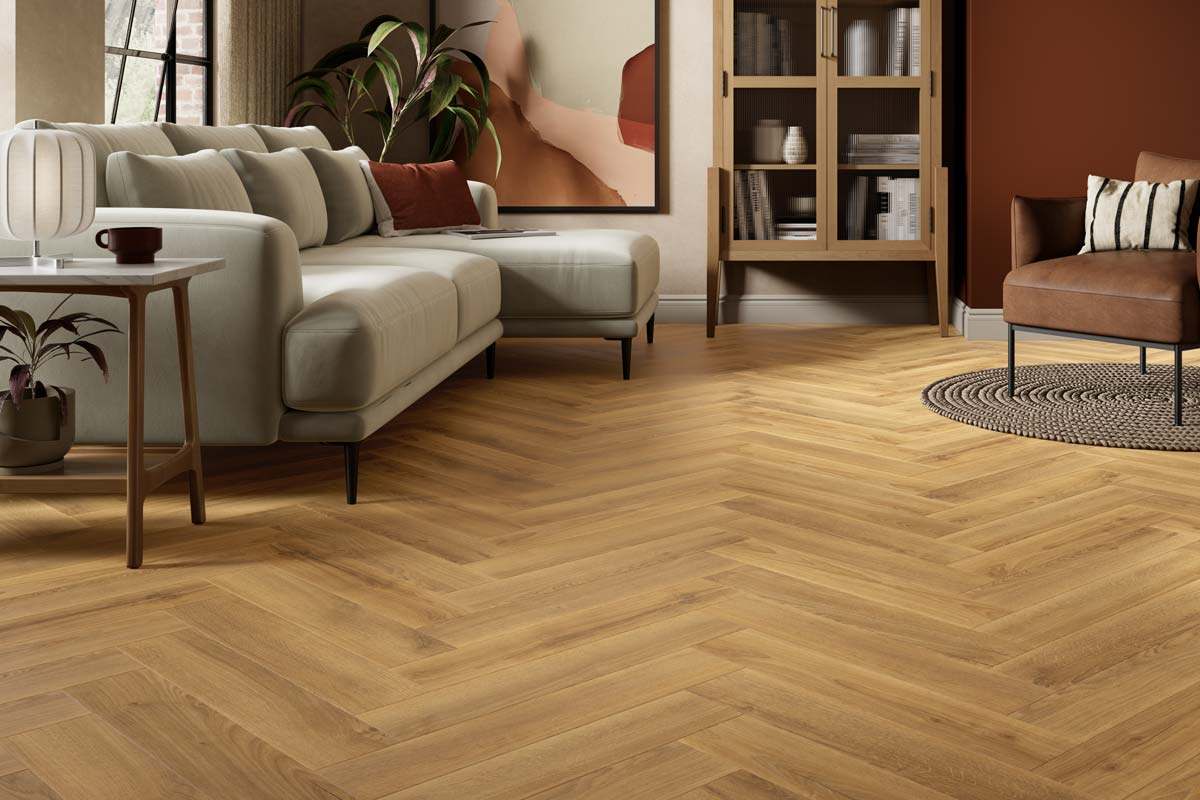 Spectra Luxury Acoustic Rigid Core Click Vinyl Flooring Roasted Peanut Oak Herringbone Built-In Underlay