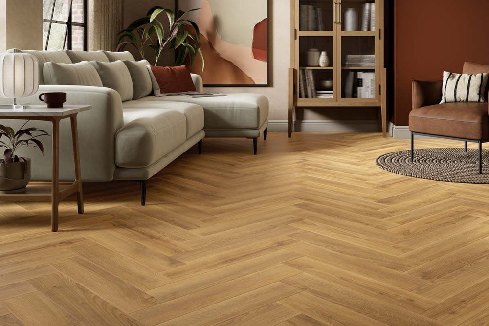 Spectra Luxury Acoustic Rigid Core Click Vinyl Flooring Roasted Peanut Oak Herringbone Built-In Underlay